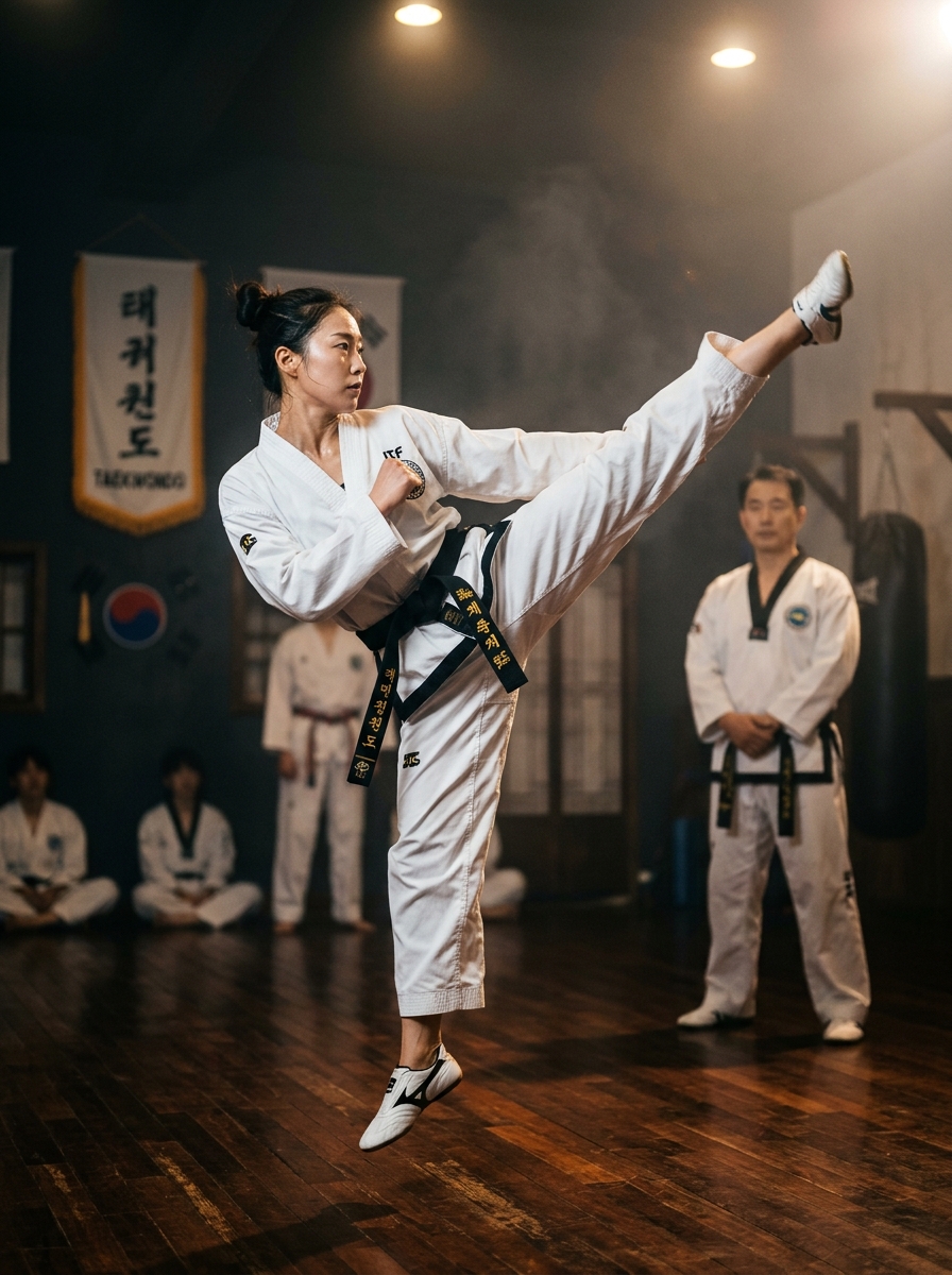 Taekwondo black belt athlete and master instructor in training