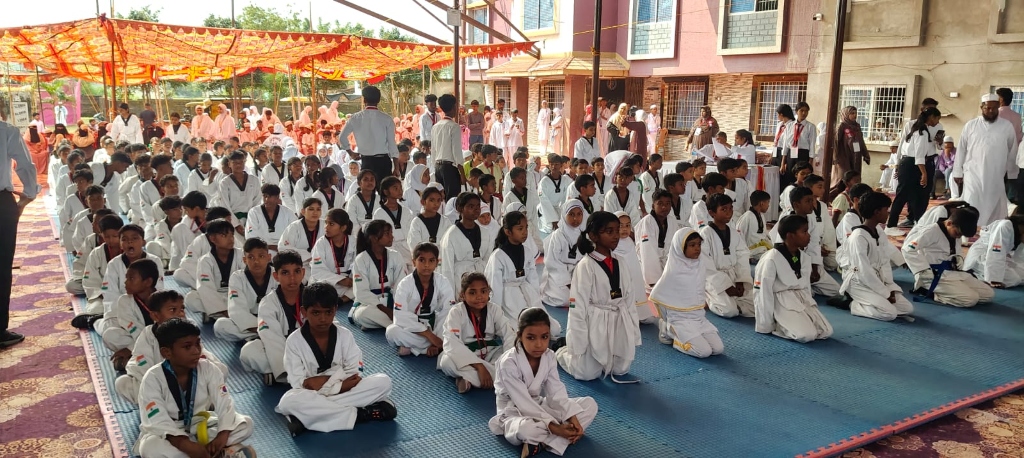 Young Taekwondo students gathered for a training event in Jharkhand